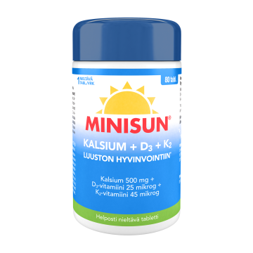 Minisun Kalsium 500 mg + K2 45 mikrog + D-vitamiini 25 mikrog 80 tabl